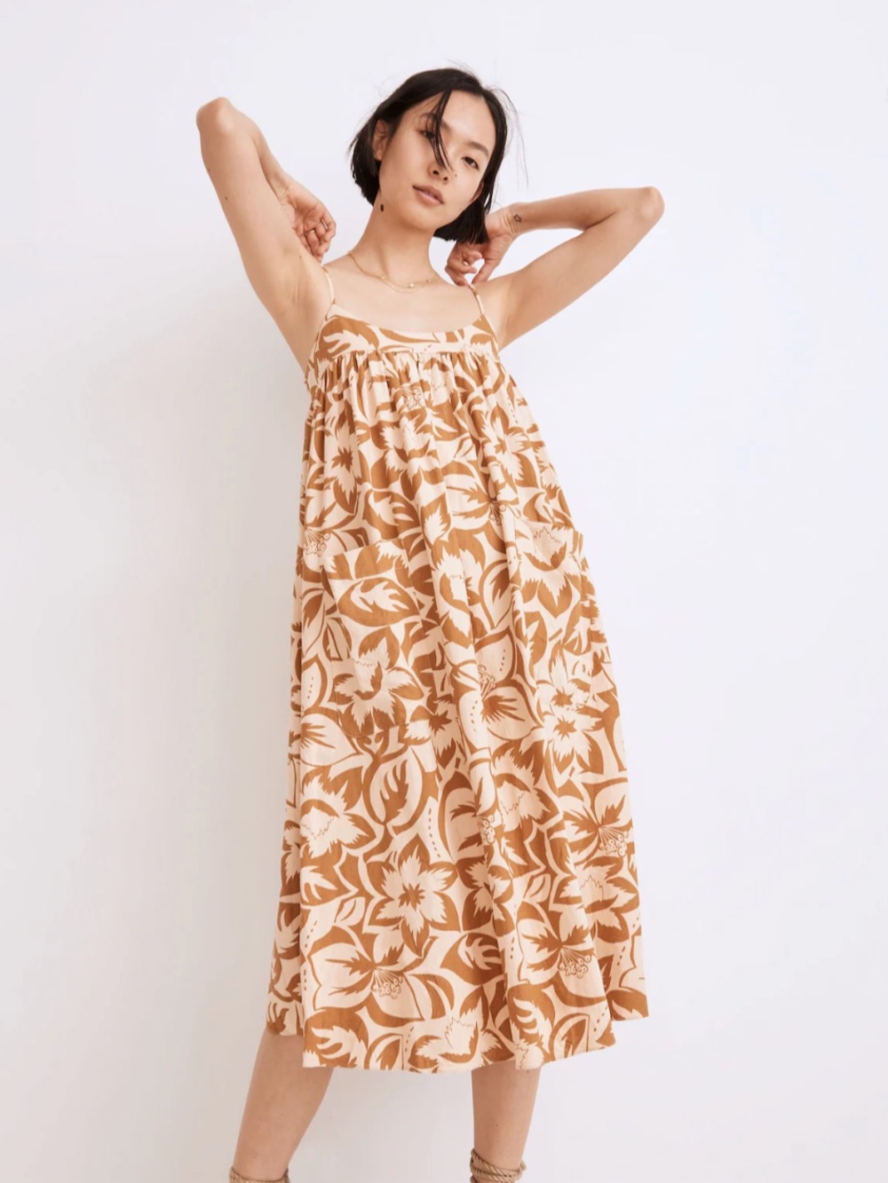 Madewell Linen-Blend Cami Midi Dress in Tropicale Floral Brown Cream